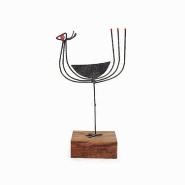 Mid Century Metal Rooster Sculpture on Wooden Base 