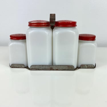 Vintage McKee milk glass set: Salt, Pepper, Sugar, Flour Shakers, Range Shaker Metal stand, Hoosier, Chefs Gift, Vintage Farmhouse Decor 