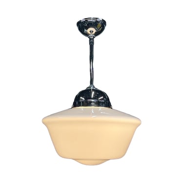 1920s milk glass schoolhouse shade on polished nickel fixture #2440 