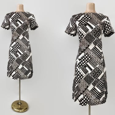 VINTAGE 60s Taffeta Geometric Op-Art Print Mini Dress | 1960s Ultra MOD Bold Contrast Dress | Retro Groovy Scooter Dress vfg 