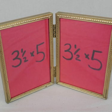 Vintage Hinged Double Picture Frame - Gold Tone Metal w/ Glass - Holds Two 3 1/2