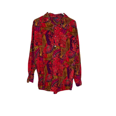 Vintage Georges Marciano Red Zodiac Astrology Silk Button Down Blouse Shirt Top, Size 42 