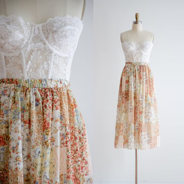 cute cottagecore skirt | 90s vintage patchwork floral white cream pink sheer see through chiffon midi skirt 