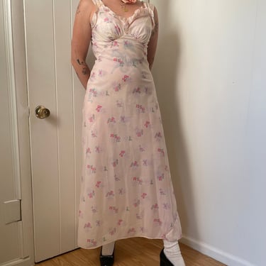 1940s Floral Pink Sheer Floral Bias Cut Dress with Pleated and Ruffle Bust size Small 