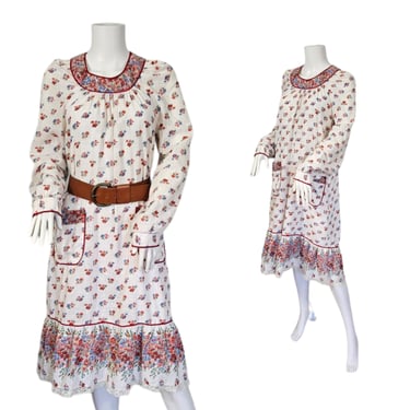 Jody T 1970's White Gauze Ditsy Print Prairie Shift Dress I Sz Med I Cottagecore 