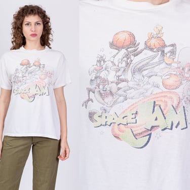90s Space Jam T Shirt - Men's Medium, Women's Large | Vintage Distressed White Faded Graphic Tee 