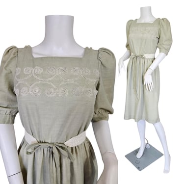 1980s Sage Green Blouson Cotton Blend Dress I Sz Med I Puff Sleeves I Sunshine Alley 