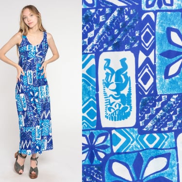 Blue Hawaiian Maxi Dress 70s Tropical Floral Tiki Print Long Dress Empire Waist Boho Summer Hippie Sleeveless Seventies Vintage 1970s Medium 