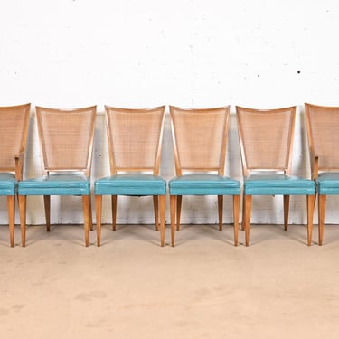 John Widdicomb Mid-Century Modern Sculpted Walnut and Cane Dining Chairs, Set of Six