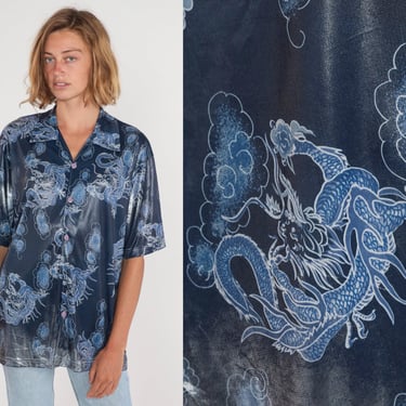 Y2K Dragon Shirt Shiny Blue Button Up Top Asian Inspired Print Short Sleeve Top Retro Streetwear Chinese Style Vintage 00s Men's Medium M 