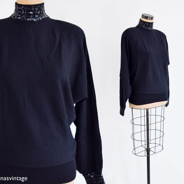 1980s Black Wool Turtleneck Sweater | 80s Black Beaded Neck & Cuffs Sweater | Black Evening Sweater | Semplice | Medium 