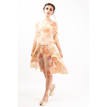 1920s dress / Vintage sheer silk chiffon poppy print / Drop waist tiered panels / AS IS with damage / S 