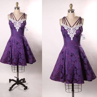 1980s Purple Floral Brocade Spaghetti Strap Caged Straps Fit and Flare Formal Prom Dress by Nadine -XS 