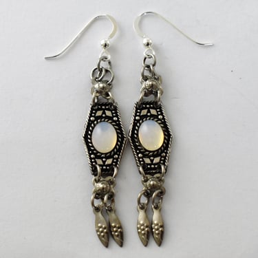 70's moonstone 925 silver tribal dangles, edgy Israel sterling cloudy white cabs mystic hippie earrings 