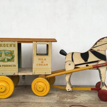 Antique Borden's Wagon Pulled By Horse Pull Toy, Morrison Rich Toy Milk Horse Drawn Wagon 
