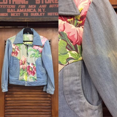 Vintage 1970’s Floral Panel Denim Jacket, Natural American, Fitted Jacket, 70’s Era, Vintage Clothing 