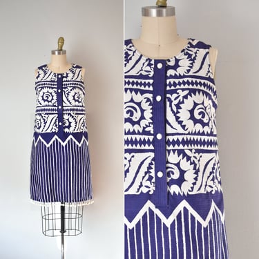 Miss Elaine 1960s cotton mod dress, fringe blue and white 60s dress, stripes shift dress, sleeveless summer dress 
