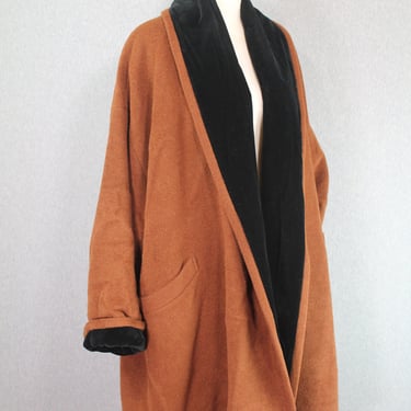 1980s Oversized Velvet Trimmed Wool Coat by Karl Lagerfeld - Caramel, Camel, Tan,  Size 10 