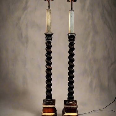 Pair Spanish Baroque Torchiere Barley Twist Turned Wood Base Floor Lamps JG264-14