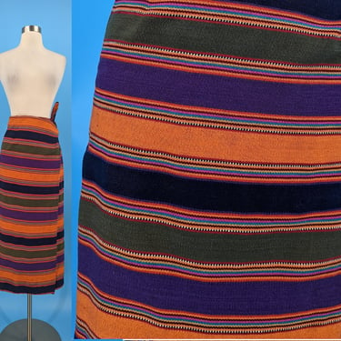 Vintage XS Seventies Colorful Woven Striped Long Straight Wrap Skirt 