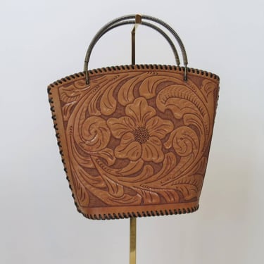 Vintage 1960s tooled leather handbag, purse, top handle, bucket, mini 