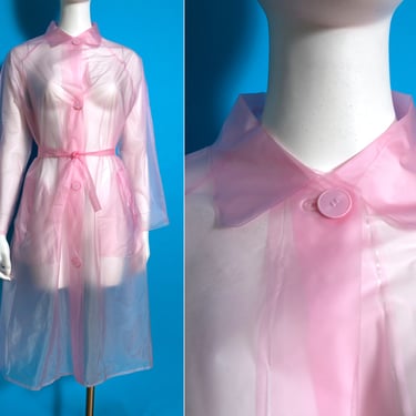 NWOT Fabulous Vintage 70s Pink Translucent Raincoat with Matching Head Scarf & Waist Tie 