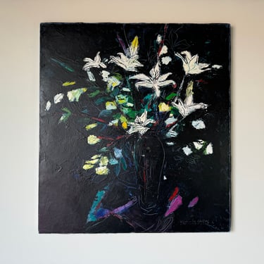 1984 Alessandra Gieffers " Lilies " Impressionist Acrylic  Encaustic On Canvas Painting 