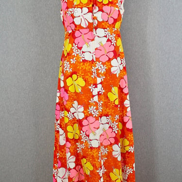 1960s 1970s Hukilau Fashion Hawaiian Dress - Tropical, Tiki, Maxi - Hibiscus Print - Resort Wear - Palm Beach - Summer Kaftan, Muumuu 