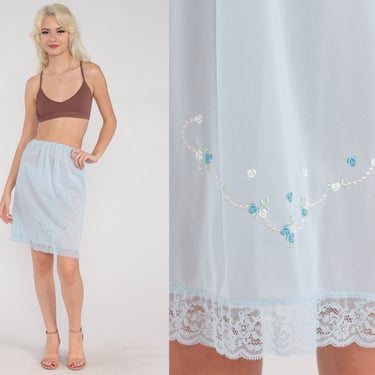 Half Slip Skirt 60s Semi-Sheer Baby Blue Lingerie Mini Skirt Lace Trim Floral Embroidered Pastel Pinup Vintage 1960s Gaymode Small Medium 