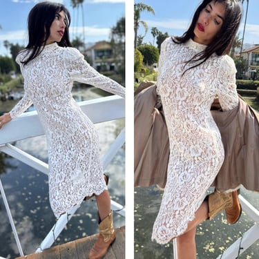 80s 90s Jessica McClintock White Lace long sleeve curvy Midi Dress stunning 