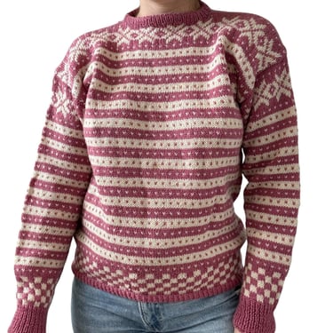 Vintage Womens Hand Knit 100% Wool Pink White Checkered Striped Ski Sweater Sz M 