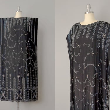 1920’s Egyptian Revival Beaded Black Silk Dress / 20s Beaded Dress / Gatsby Dress / Size Medium Size Large 