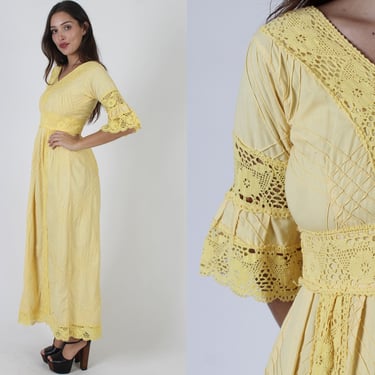 Marigold Mexican Dress / Crochet Lace Made In Mexico Gown / Vintage Ethnic Wedding Bell Sleeves / Pintuck Cotton Fiesta Maxi 