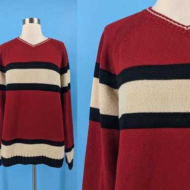 Y2K Tommy Hilfiger Large Wide Stripe Cotton and Wool Pullover Sweater 