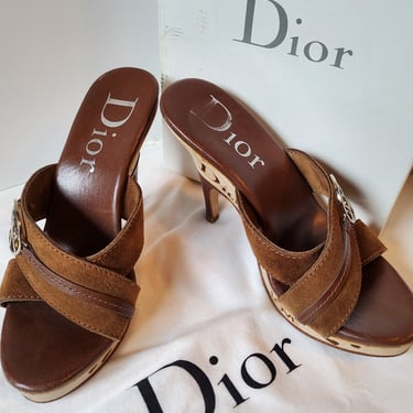 CHRISTIAN DIOR  Vintage love and peace heels, John Galliano Designer mules, Made in Italy, Brown Leather Designer Heels, Wood Designer Heels 
