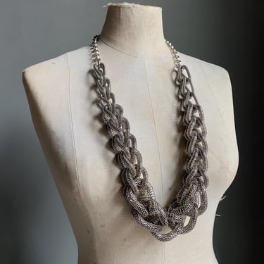 Chunky Braided Mesh Vintage Costume Jewelry Necklace / Braided Silvertone Mesh Necklace / Vintage Art Teacher Necklace / Costume Chain 