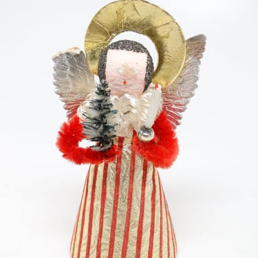 Vintage German Angel with Spun Cotton Head with Halo for Christmas Putz or Nativity, Dresden Silver Paper Wings, West Germany 