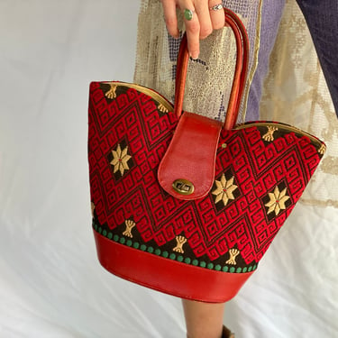 50's Top Handle Handbag / Top Handle 60s Woven and Red Leather Purse / Mid Size Handbag / Leather Purse /  Woven Purse / Mexican Purse 