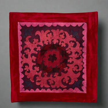 Hand-Embroidered Deep Cherry Susani Flower Pillow