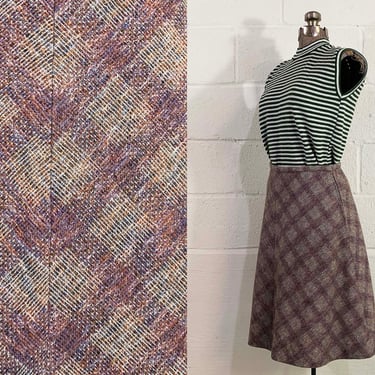 Vintage Autumn Plaid Skirt A-Line Burgundy Brown Tan Boho School Girl 1970s 70s Small 