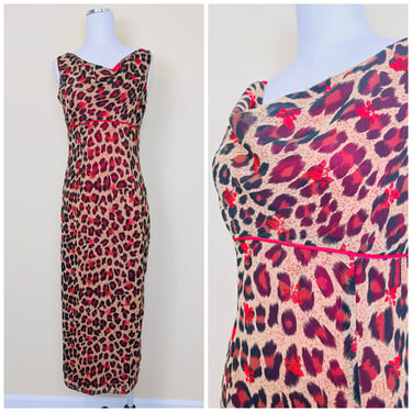 1990s Vintage La Nuit Leopard Print Bias Cut Dress / Y2K Red floral Embroidered Pencil Dress / Size Small 