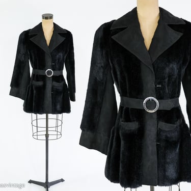 Lilli Ann | 1970s Black Suede Faux Fur Jacket | 70s Black Suede & Faux Fur Short Coat | Mod Coat | London Leathers by Lilli Ann | Medium 