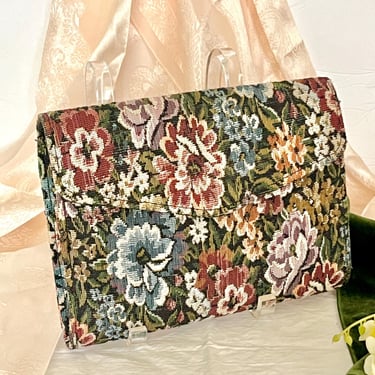 Tapestry Clutch, Optional Crossbody, Floral Pattern, Jewel Tones, Vintage 70s 80s 