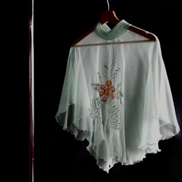 70s sheer chiffon seafoam embroidered open back capelet shawl 