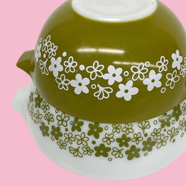 Vintage Pyrex Mixing Bowls Retro 1970s Spring Blossom Pattern + Cinderella + Set of 2 + Ceramic + Avocado Green + White + Flowers + Kitchen 