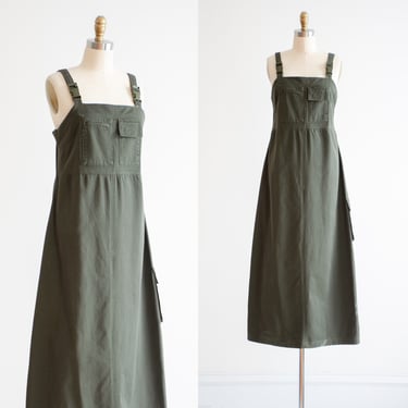 green overall dress 90s y2k vintage OFNY olive green khaki long pinafore maxi dress 