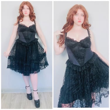 1980s Vintage Florencia Fiume Goth Madonna Dress / 80s Spandex and Lace Acetate Ruffled Tutu Dress / Size Medium 