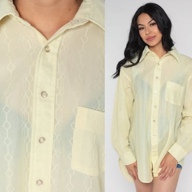 70s Button Up Shirt Semi Sheer Yellow Disco Shirt Diamond Chain Print Retro Long Sleeve Collared Vintage 1970s Mens Extra Large xl 17 1/2 