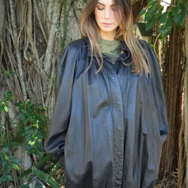 Vintage Balloon Coat / Black Leather Jacket with Balloon Sleeves and Bodice / 1980's Oversized Slouchy Leather / Oversized Leather Jacket 