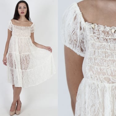 80s Ivory All Lace Sheer Dress / Plain See Through Country Dress / Vtg 1980s Off White Floral Smocked Prairie Mini 